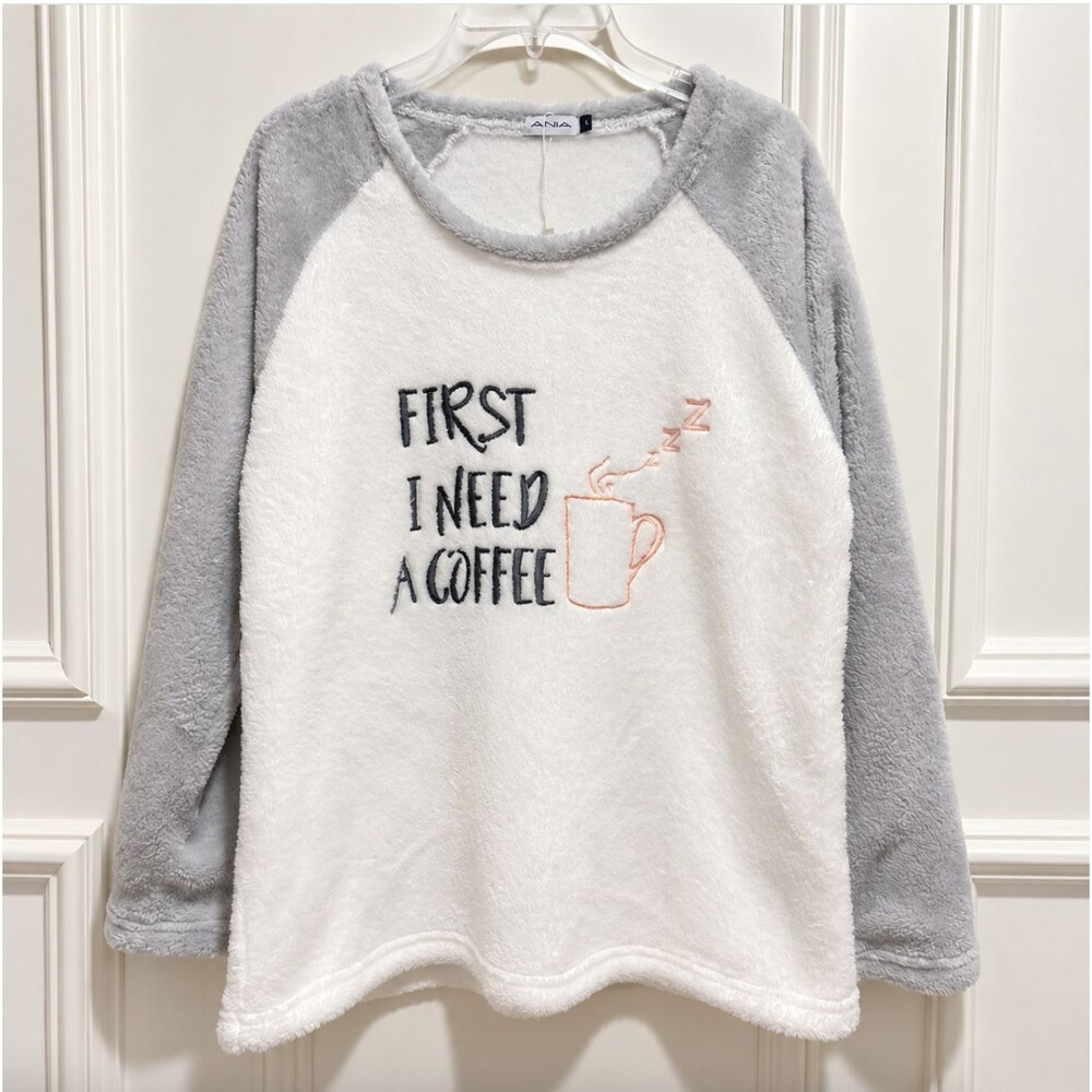 Ania Teddy Fleece Pajama Top L First I Need Coffee Plush Gray White Lounge Shirt